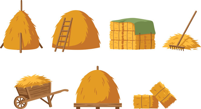 Rustic Haystack and Straw Bale Collection Featuring Farm Wagon, Ladder, Covered Bales, Rake, and Traditional Agricultural Harvest Elements