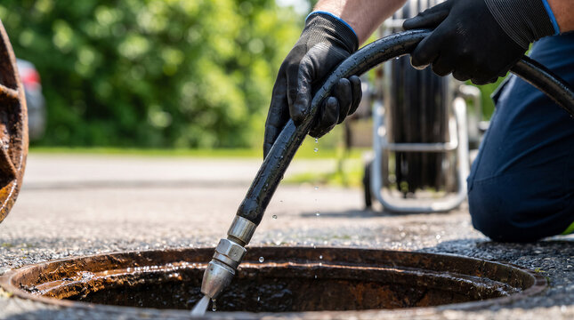 Professional plumber using a highpressure jetting hose to clean and clear a blocked sewer drain pipe in a manhole