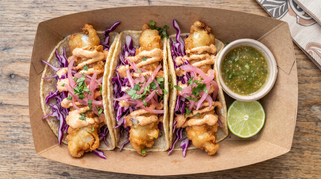 Three crispy battered fish tacos topped with purple cabbage, pickled red onions, cilantro, and chipotle mayo in a cardboard tray
