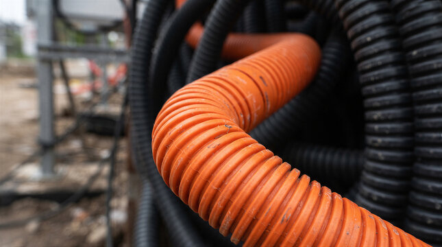 Closeup of orange corrugated conduit pipe used for electrical wiring protection at a construction site with black cables in background