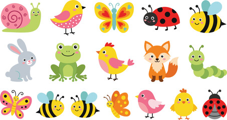 Naklejka premium Cute Spring and Garden Animals Vector Set Featuring Cartoon Insects Birds Rabbit Frog and Fox Stickers for Kids Nursery Decor and Graphic Designs
