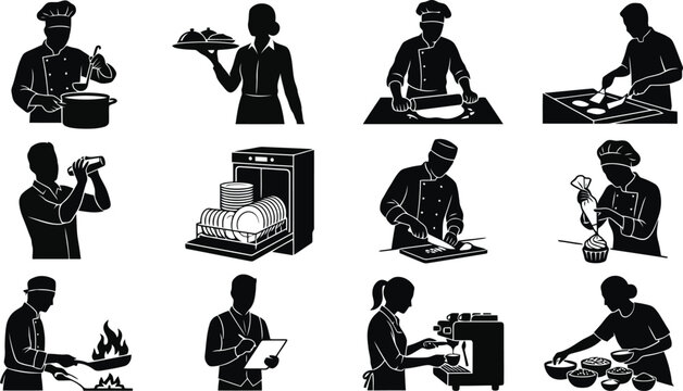 Set of black silhouette depicting chefs and restaurant staff cooking, preparing food, serving meals, and working in a kitchen