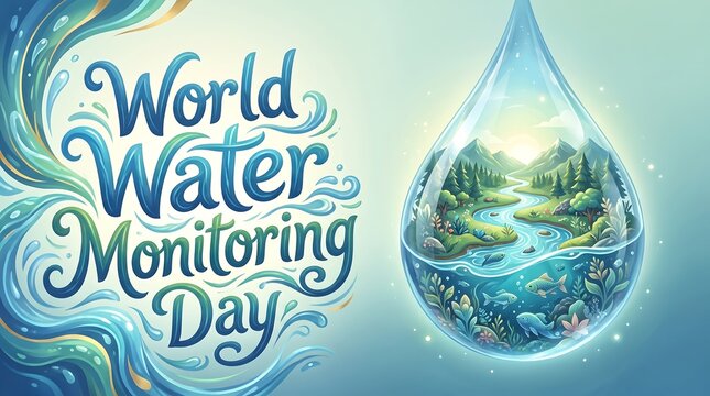 World Water Monitoring Day Illustration with Pristine Nature Ecosystem inside a Water Droplet, Featuring Forest, River and Underwater Life Concept