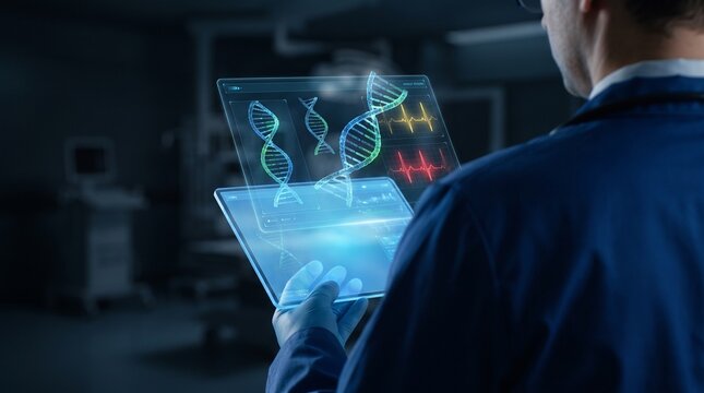 Scientist examining DNA structure on futuristic transparent tablet