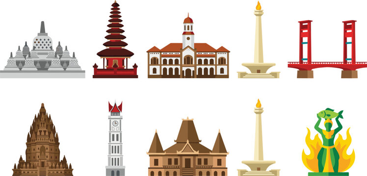 Indonesia Landmark Icon Set Featuring Famous Historical Buildings Temple Monas Ampera Bridge and Traditional Cultural Monuments for Tourism and Travel Graphic Designs