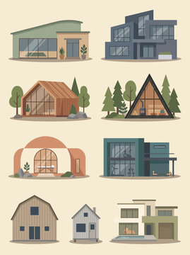 Collection of modern architectural house styles and tiny home illustrations in flat design