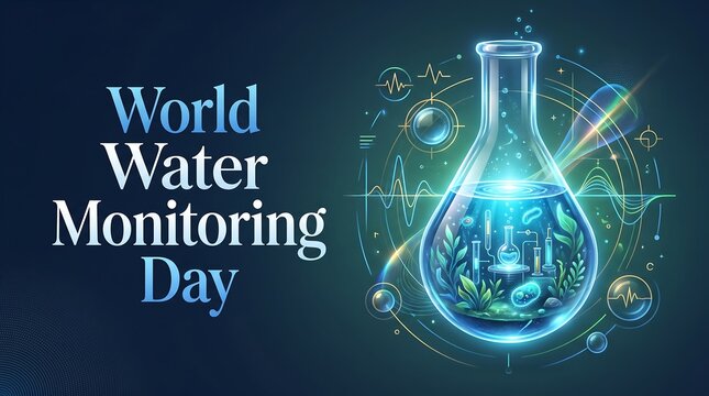 Futuristic World Water Monitoring Day Banner with Glowing Laboratory Flask, Aquatic Ecosystem, and Digital Science Data Icons on Dark Background