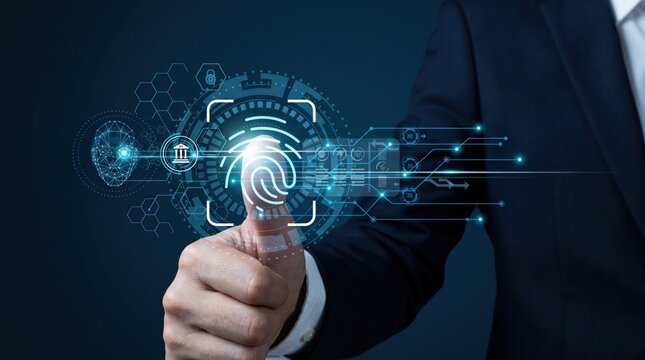 Futuristic biometric fingerprint scanner interface hologram display cybersecurity authentication identity verification access control privacy protection encryption technology