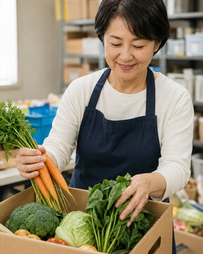 Japanese Food Bank Volunteer Packing Fresh Vegetables,新鮮な野菜を箱詰めする日本人フードバンクボランティア