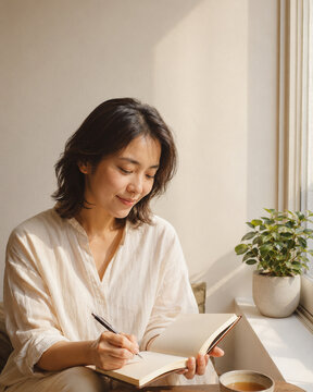 Japanese Woman Writing Self Care Journal in Morning Light,朝の光の中でセルフケア日記を書く日本人女性