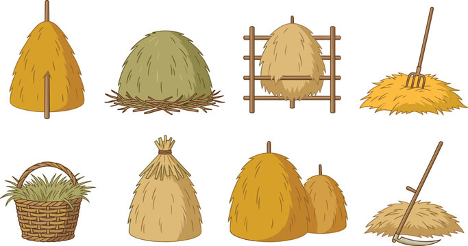 Traditional Haystack Collection Featuring Rustic Straw Bundles, Farm Hay Ricks, Grass Baskets, Wooden Racks, and Agricultural Harvest Elements