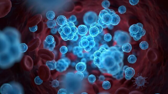 Swarm of Tiny Blue Stem Cells in Microscopic Bloodstream Under Dramatic Cinematic Lighting for Medical Science