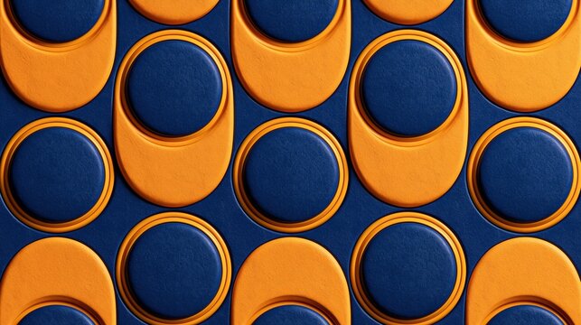Seamless repeating 3d textured geometric pattern with interlocking dark blue and orange circular oval shapes creates modern bold decorative contemporary background