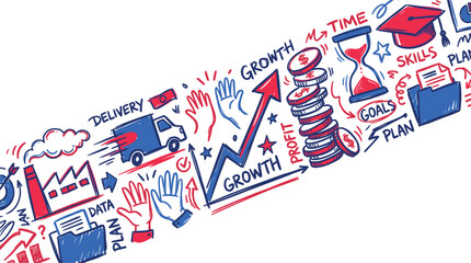Obraz premium Strategic planning timeline doodle vector with upward arrow money stacks high five teamwork skills education and time management