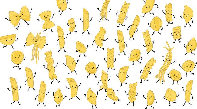 Cute Italian pasta cartoon character pattern background featuring happy penne farfalle fusilli and ravioli dancing doodles