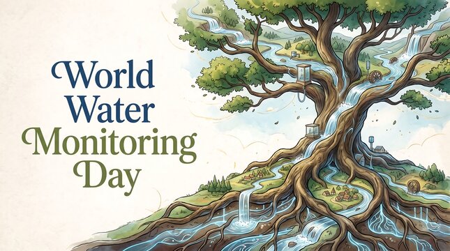 World Water Monitoring Day Illustration Featuring a Symbolic Tree of Life with Flowing Water Streams for Environmental Awareness and Conservation.