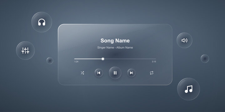 Modern music player interface with glassmorphism effect, translucent ui elements, floating bubbles, and soft blue gradient background