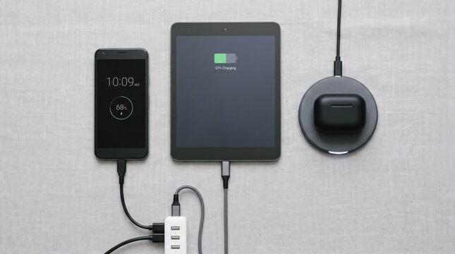 Modern technology lifestyle with smartphone, tablet and wireless earbuds charging on desk. High tech digital devices connected to power hub for battery energy replenishment.