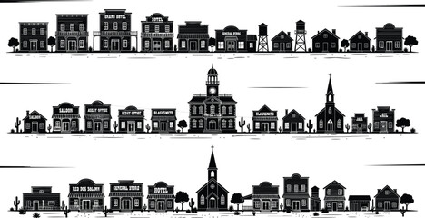 Naklejka premium Wild West town panoramic skyline silhouettes featuring retro frontier street facades saloon church and classic stores