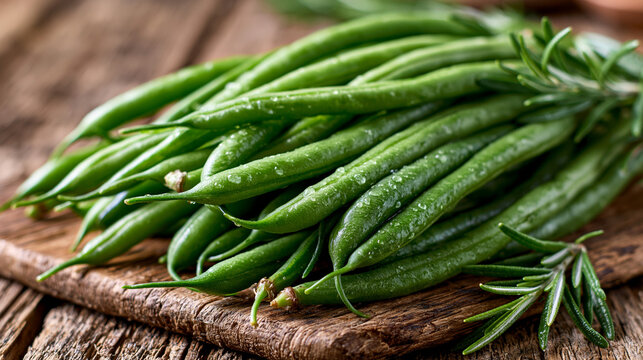 Fresh organic green string beans piled on a rustic wooden table background with rosemary