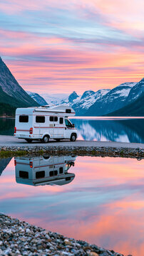 A white camper van is parked by a serene lake surrounded by snow-capped mountains under a colorful sunset sky, with a perfect reflection in the calm water.