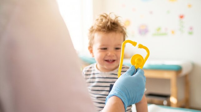 Smiling Toddler Boy at Pediatric Clinic Visiting Friendly Doctor