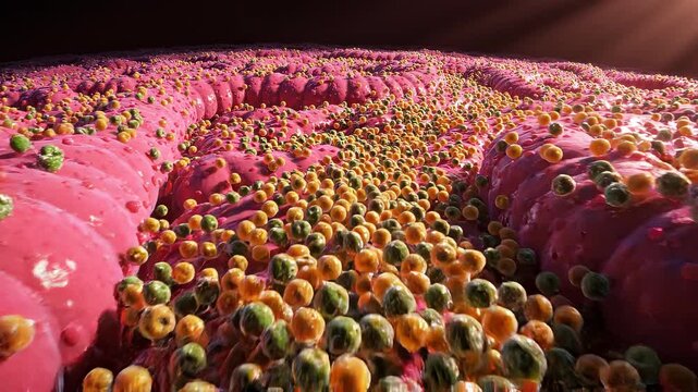 Swarm of Round Bacteria Coating Intestinal Walls in Healthy Pink Villi Landscape for Microbiome Balance