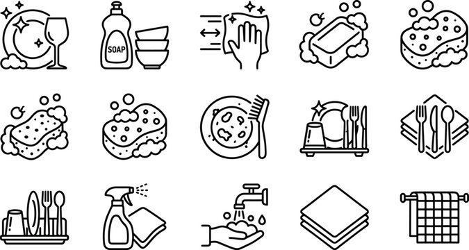 Dishwashing and kitchen cleaning line icon collection featuring clean plates sponge soap liquid detergent spray bottle and faucet vector design