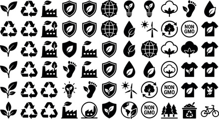 Obraz premium Ecology and green sustainability black silhouette icon set with recycle wind energy non GMO symbols