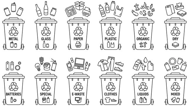 Waste management and recycling bins set with diverse trash classification.