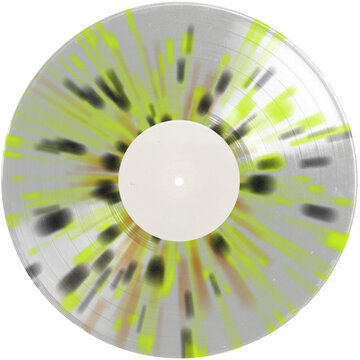 Grunge lime green transparent retro style splatter vinyl record white label. realistic photography. png isolated on transparent background for graphic design