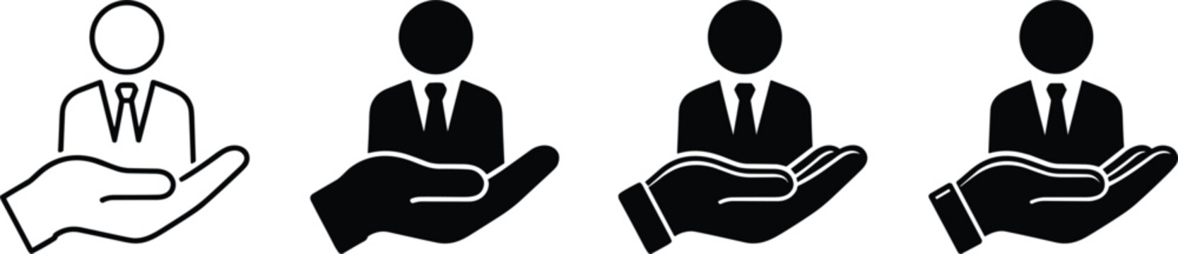 Human resources care icon set showing human hand protecting executive business person profile character silhouette symbols