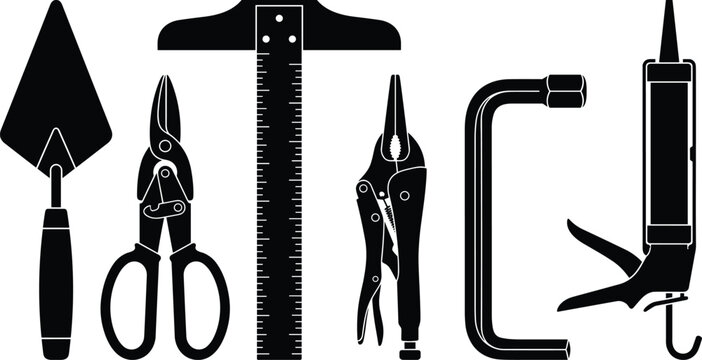 Black Masonry and Technical Workshop Hand Tool Icon Set Featuring Brick Trowel Tin Snips T Square Ruler Locking Pliers C Clamp and Caulking Sealant Gun Vector Silhouette