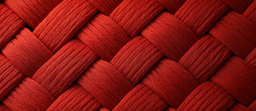 Textured view of interlaced thick bright red woven fabric strands creates a solid rich colored textured surface ideal for textile and graphic design background use