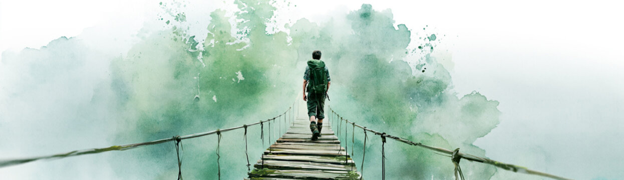 A solitary figure walks across a narrow suspension bridge surrounded by mist and lush greenery, evoking a sense of adventure and solitude.