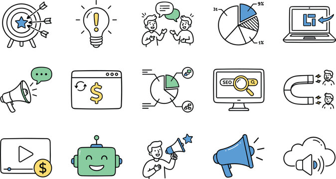Digital marketing and business strategy hand drawn icons set featuring target charts bulb megaphone robot and seo monitoring