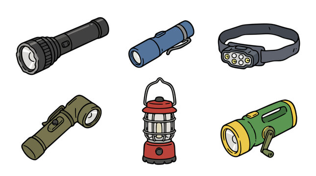 Hand drawn portable lighting and flashlight equipment doodle collection for outdoor camping gear catalog and survival kit infographic