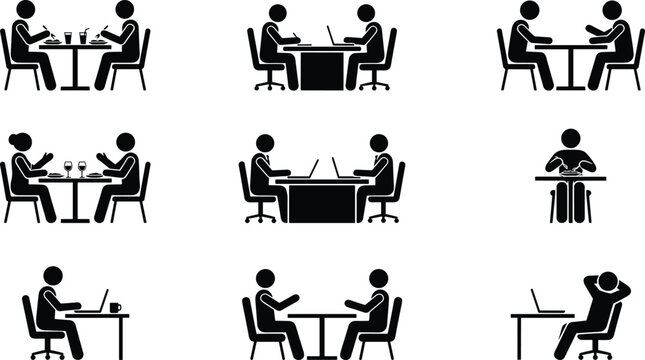 People sitting at tables silhouettes collection including dining couples office workers laptop users and business meeting discussions