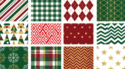 Obraz premium Christmas Seamless Pattern Collection with Winter Holiday Backgrounds and Festive Geometric Ornaments for Wrapping Paper and Textile Design