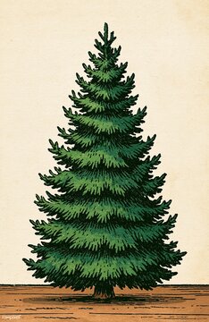 Vintage hand drawn engraved style illustration of full lush green pine christmas tree on light beige textured paper background creates classic retro holiday decorative art