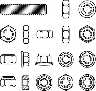 Hex Nuts, Lock Nuts, Threaded Rod and Fastener Components Vector Technical Illustration Set