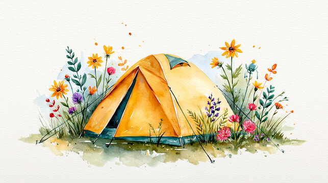 Watercolor illustration of a yellow camping tent surrounded by colorful wildflowers and greenery on a light textured background.