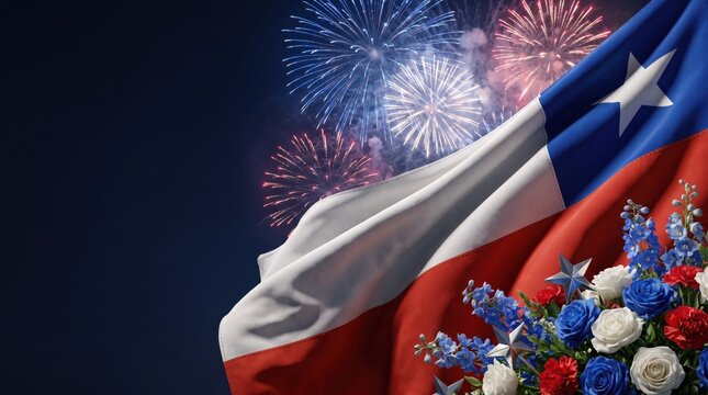 Waving flag of chile with a single white star, blue and red stripes, accompanied by a bouquet of red, white, and blue flowers against a dark night sky with colorful fireworks