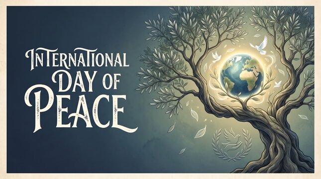 Vintage Style International Day of Peace Illustration with Majestic Olive Tree, Earth Globe, and White Doves for Global Unity and Harmony Banner