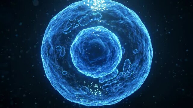 Solitary Glowing Cobalt Blue Stem Cell in Deep Fluid Suspension Highlighted by Stark Overhead Micro-Light