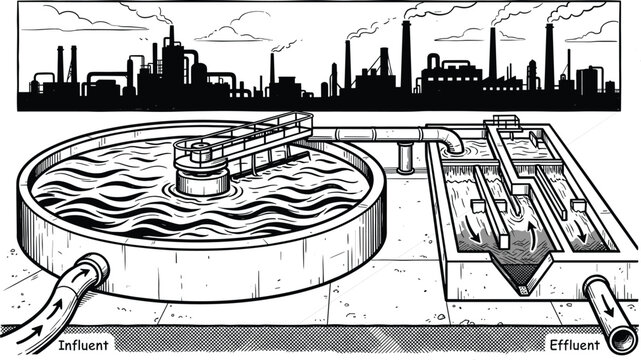 Industrial wastewater treatment plant processing system with clarification tank influent pipe and effluent channel vector illustration