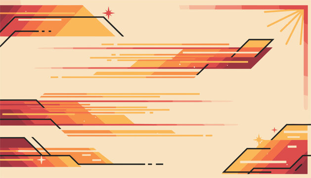 Retro futuristic landscape background featuring warm orange and red horizontal speed lines with star symbols in flat style.