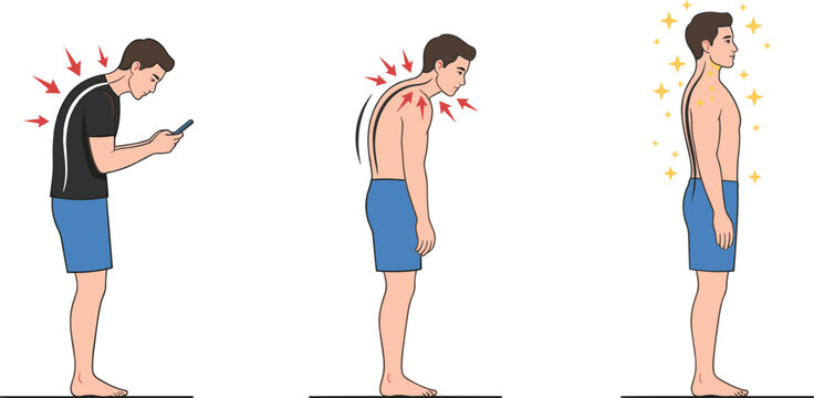 Man demonstrating text neck syndrome poor slouching posture from smartphone use and healthy straight spine vector illustration