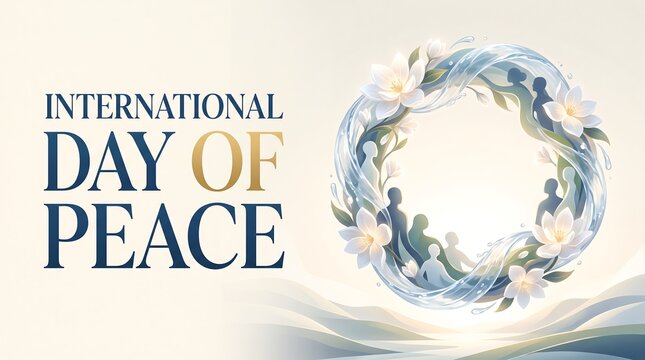 International Day of Peace Banner with Elegant Floral Wreath, Human Silhouettes, and Flowing Water Elements for Global Harmony and Unity Concept