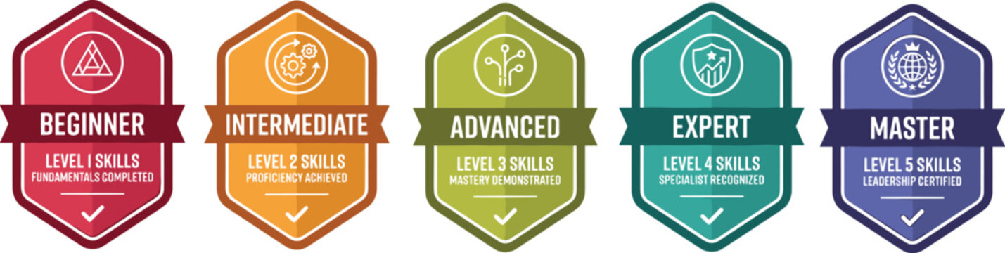 Set of colorful skill level badges showing beginner, intermediate, advanced, expert, and master progress stages isolated on white background.